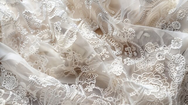 Lace fabric showcasing intricate designs for fashion and decoration purposes in a soft neutral tone