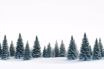 Snow-covered pine trees in a row standing against a bright white winter sky forming a serene forest line
