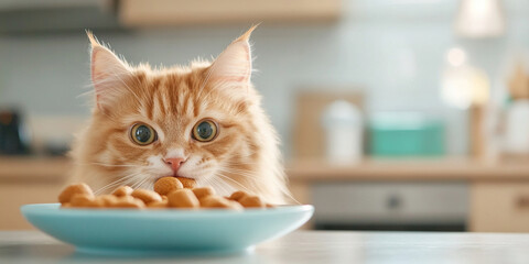 close up of cat eagerly eating healthy pet food from blue bowl, showcasing its vibrant fur and curious expression. kitchen setting adds warm, inviting atmosphere