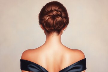 Artistic illustration of a woman with her back turned, wearing an elegant black dress and floral hairpiece.