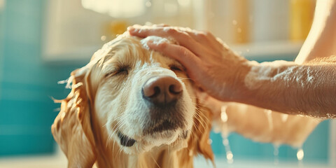 Obraz na płótnie Canvas pet owner is giving their dog bath, gently washing its head while dog enjoys experience. warm lighting creates cozy atmosphere, highlighting bond between them