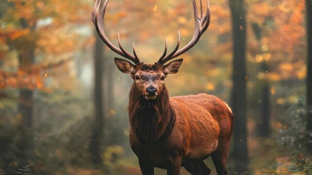 Majestic red deer with big antlers in fall-colored woodland