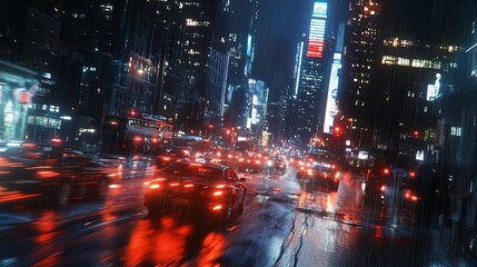 Obraz premium A busy urban street at night with blurred car lights and skyscrapers.