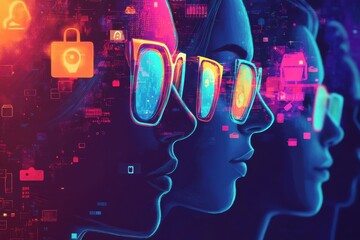 Futuristic woman profiles with digital networks and technology