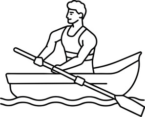 Outline vector illustration river transport of Wooden fishing canoe with paddle. Line sketch of boat. people kayak canoe boat summer activity sport lifestyle one line art design.