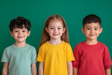 Group of smiling children from different ethnic backgrounds, standing together in colorful clothing.