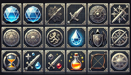 Set of RPG Fantasy Icons with Weapons and Gems