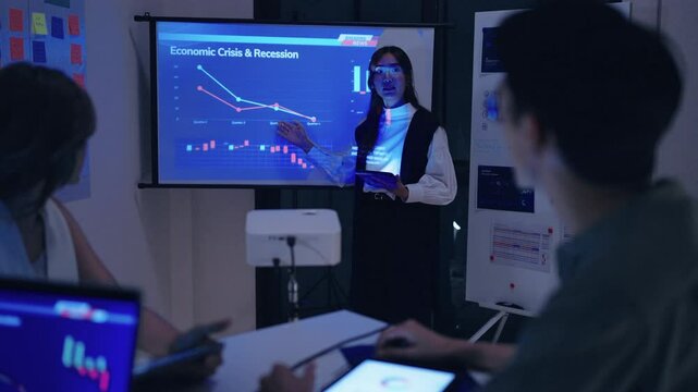 team of finance get stress when analyzing economic crisis data and recession impacts during a late-night meeting in a office