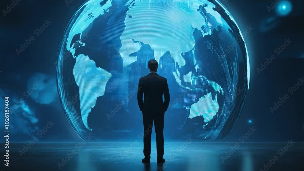 Poster a person in formal attire stands in front of a luminous globe, symbolizing global interconnectedness
