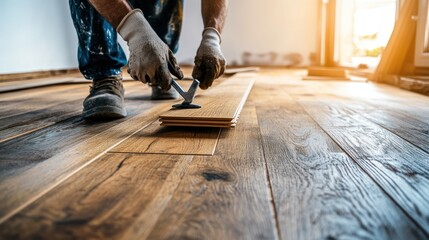 Worker carefully installing wooden floorboards in a modern home, using a hammer and nails, with focus on precision and craftsmanship, natural light illuminating the workspace