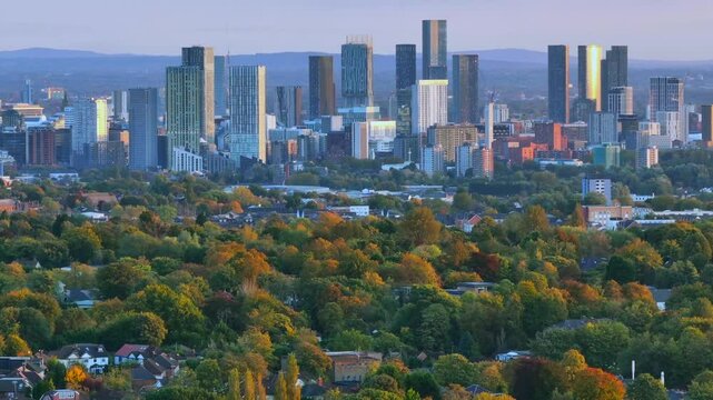 Manchester city skyline and surrounding residential areas from the vantage point of Heaton Park.