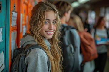 Fototapeta premium Teens Chatting and Preparing School Supplies at Lockers