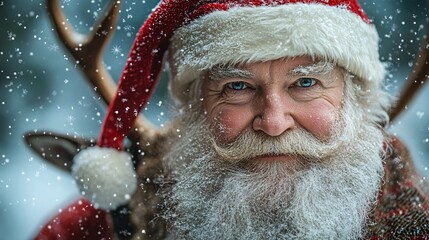 Santa Claus in Winter Snow with Reindeer Antlers