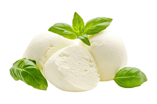 Fresh mozzarella cheese balls Bufala Campana DOP Bocconcini isolated on white transparent background. Concept of fresh dairy products and Italian cuisine