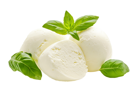 Fresh mozzarella cheese balls Bufala Campana DOP Bocconcini isolated on white transparent background. Concept of fresh dairy products and Italian cuisine