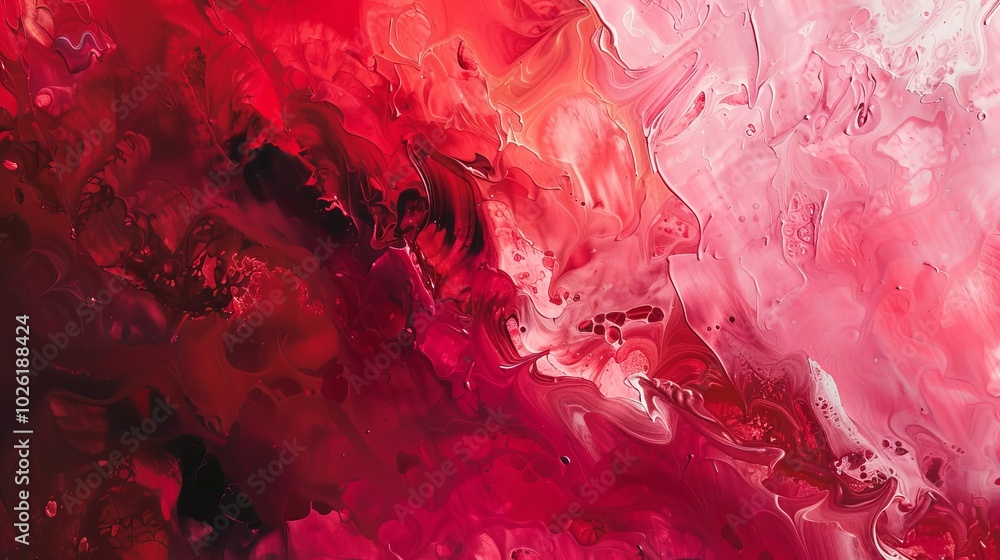 Poster abstract artwork featuring vibrant red and pink colors blending in dynamic swirls and textures, capt
