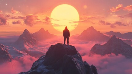 A man standing on a mountain peak looking at the sunrise.