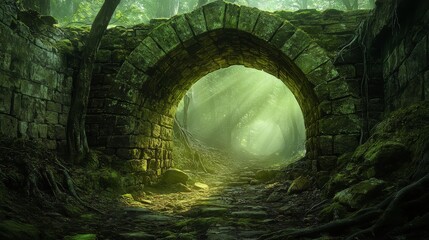 Moss-Covered Stone Archway Leading into a Sunlit Forest