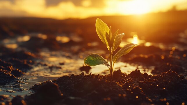 Fototapeta Young plant in wet soil at dawn - Highlighting the combination of young plants in moist, rich soil under the light of dawn, emphasizing themes of growth, nourishment, and the cycle of life.