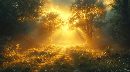 Naklejka premium Golden Light Filtering Through Trees at Dusk