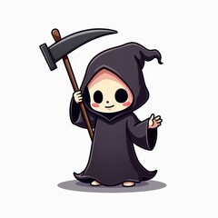 Obraz premium cute cartoon grim reaper isoalted on white background. Halloween character illsutration in chibi style chidlish art
