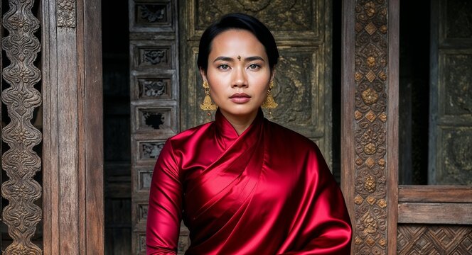 Cambodian lady in silk sampot calm expression portrait photo cultural landscape