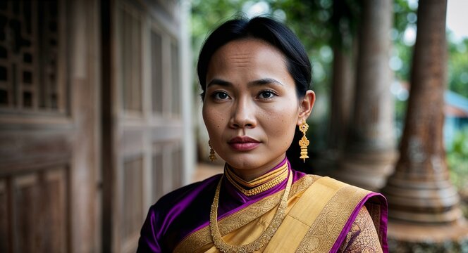 Cambodian lady in silk sampot calm expression portrait photo cultural landscape
