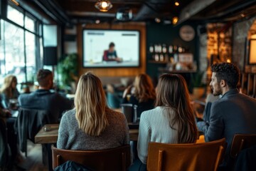People gather in a cozy cafe to watch an online presentation. The ambiance is warm and inviting. Friends and colleagues connect through shared experiences. Generative AI