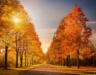 autumn alley along with tall trees with lush vibrant orange yellow foliage and bright sunlight in the distance