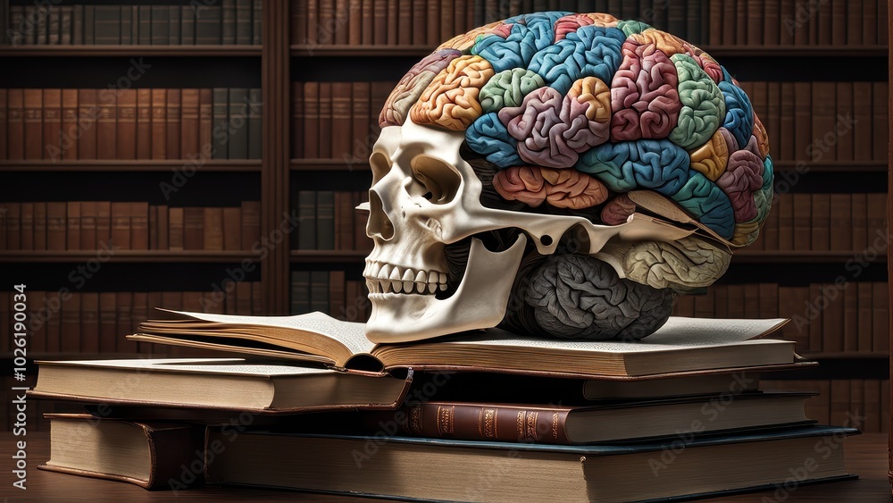 Poster a skull with a colorful brain sits atop open books in a library setting.