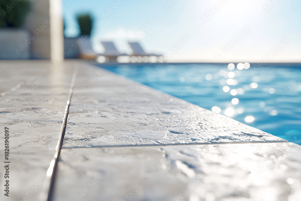 Poster a detailed view of a tiled edge of a pool deck with sunlight reflecting on the tiles and sparkling b