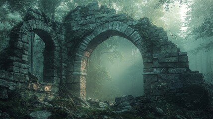 Stone Archway Ruins in a Foggy Forest