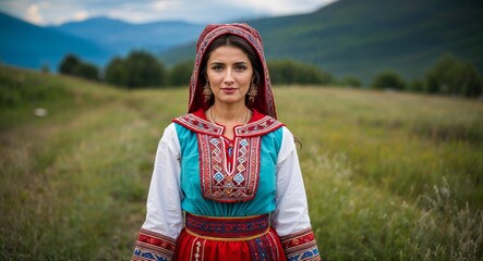 Georgian woman in traditional attire proud expression portrait photo rural setting