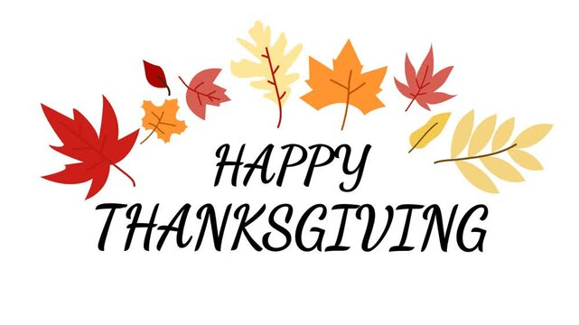 happy thanksgiving day flat animation lettering card with autumn leaves white background