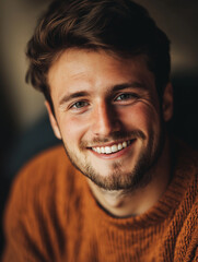 Fototapeta premium Smiling Man in Warm Indoor Lighting, Close-Up