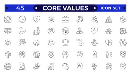 Core Values outline icons set. Vector illustration in modern thin line style of business related icons: integrity, growth, goal, trust, passion, white salary, social package.