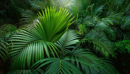 beautiful tropical vegetation garden with palm leaves lush foliage in a green wild jungle rain forest backdrop concept for wallpaper beauty in nature