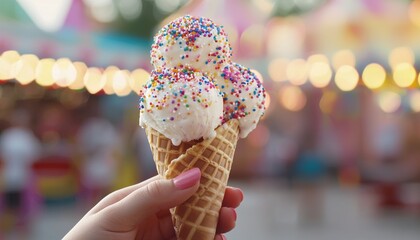 A colorful ice cream cone with sprinkles, perfect for summer enjoyment and capturing sweet moments at a carnival.