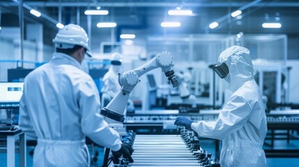 Inside the cleaning plant, a robotic arm assembles lithium-ion batteries on a conveyor belt. Workers in the process of monitoring protective equipment. High-tech machinery, LED display. A pristine env