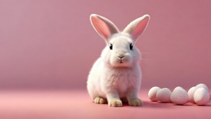 Obraz premium white rabbit on a pink background, Cute Easter bunny