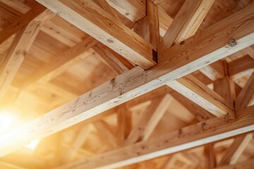 Wooden Beams Intersecting in a Geometric Pattern, Sunlight Filtering Through