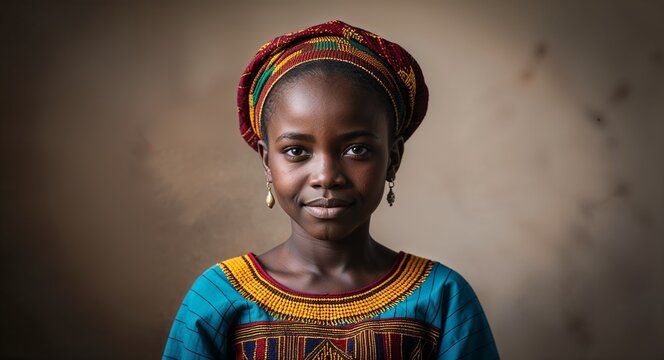Rwandan girl in traditional umushanana relaxed expression portrait photo vibrant setting