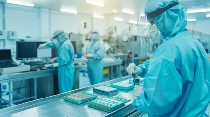 Inside the cleaning plant, a robotic arm assembles lithium-ion batteries on a conveyor belt. Workers in the process of monitoring protective equipment. High-tech machinery, LED display. A pristine env