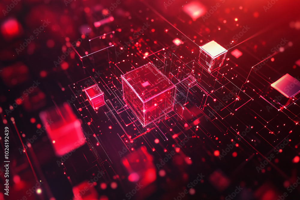 Poster a 3d rendering of red digital cubes connected through a network of lines, symbolizing blockchain and