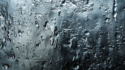 Fototapeta premium Raindrops create a blurry pattern on metal during a rainy day in the city