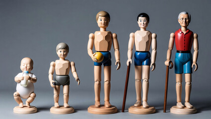 Fototapeta premium wooden mannequin in a row, five wooden mannequins , stages of human life
