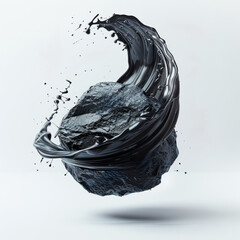 Shilajit resin dynamically flows from the hard stone, emphasizing the natural and organic essence of the product. The background is white.