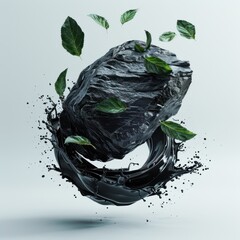 Black shilajit resin dynamically spilling out of the hard stone with green leaves flying around it, emphasizing the natural and organic essence of the product.