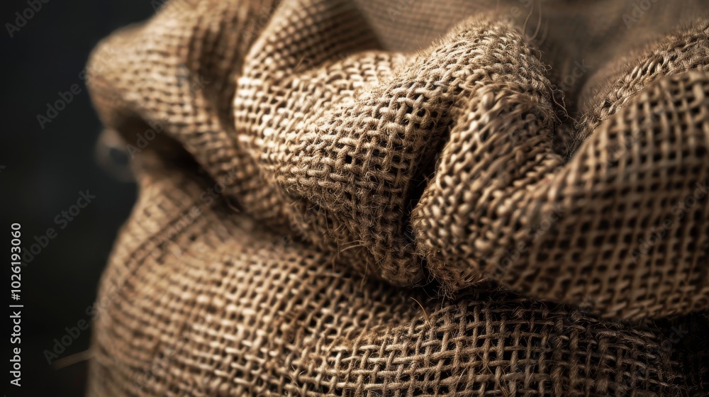 Poster burlap sack showing texture and intricate weave close up in natural light during evening hours