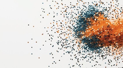 Scattered multicolored glitter particles on a white background with a dense cluster blending from blue to orange